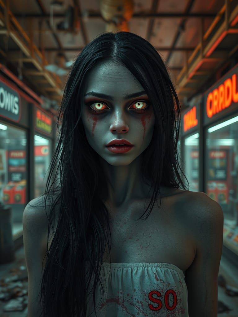 Ethereal Zombie Woman in Derelict Mall, Photorealistic 8k