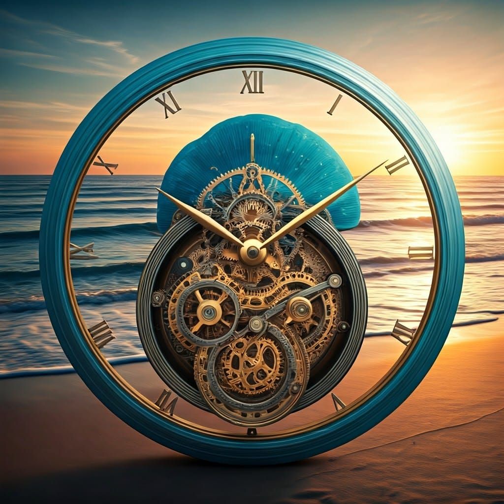 Ocean Clock on Golden Beach in Animated Style