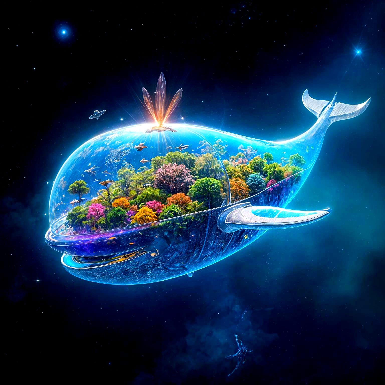 Glass Whale Spaceship Ecosystem on Cosmic Voyage