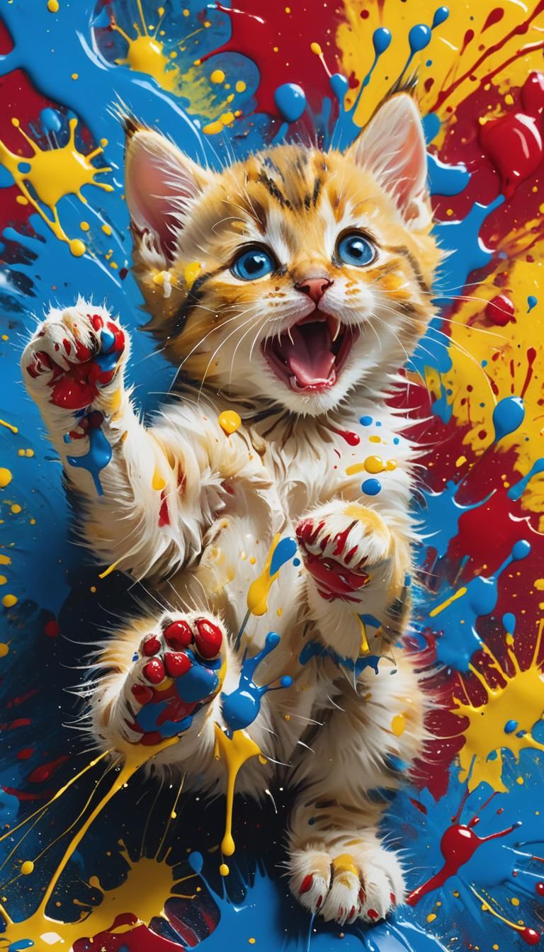 Playful Kitten's Ink Splatter Art in Macro