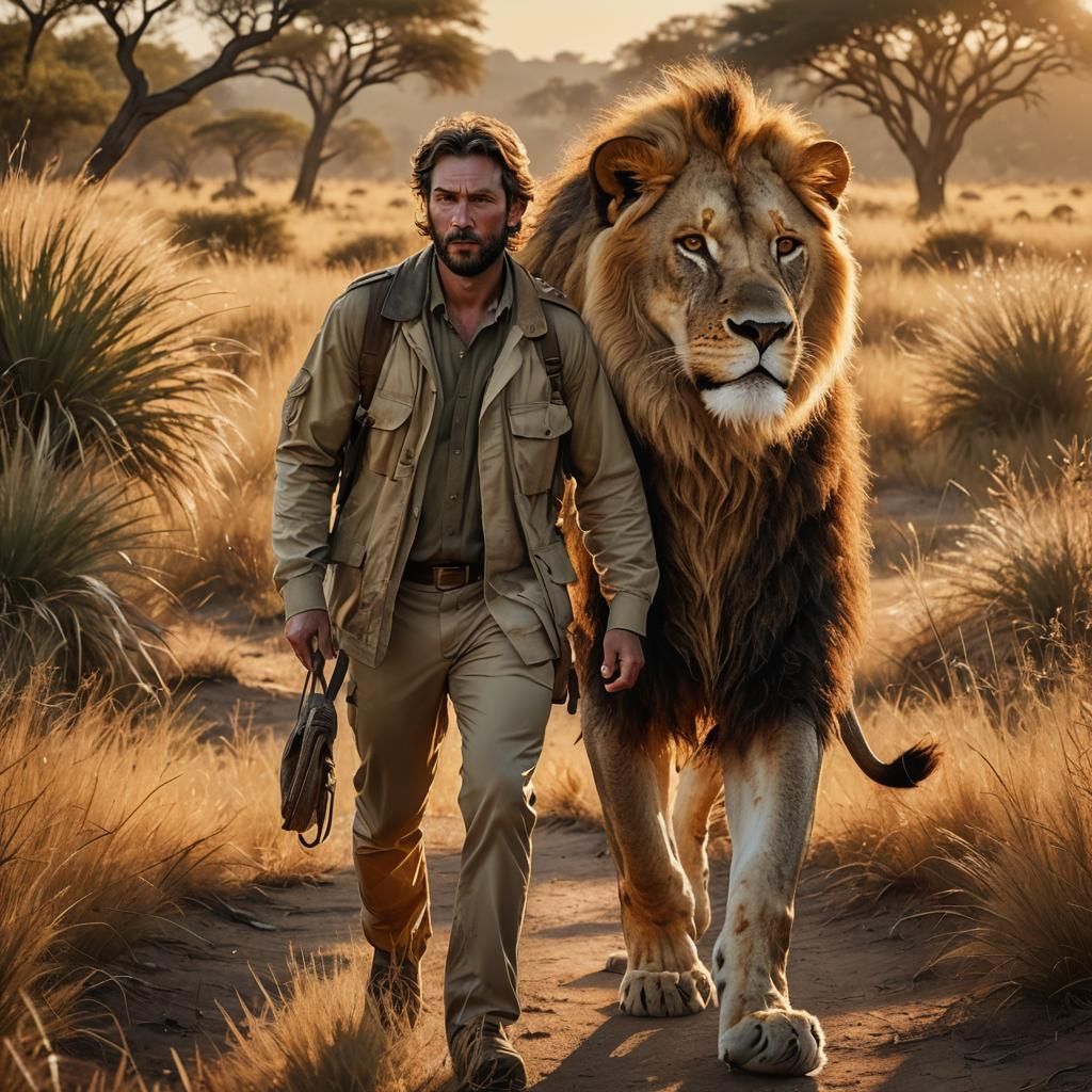Man and Lion in Sun-Drenched Savannah