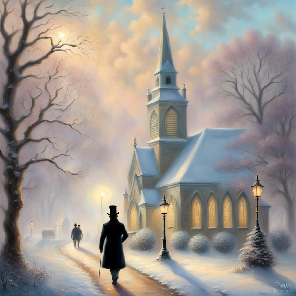 Groom Walks to Winter Church: Kinkade Style