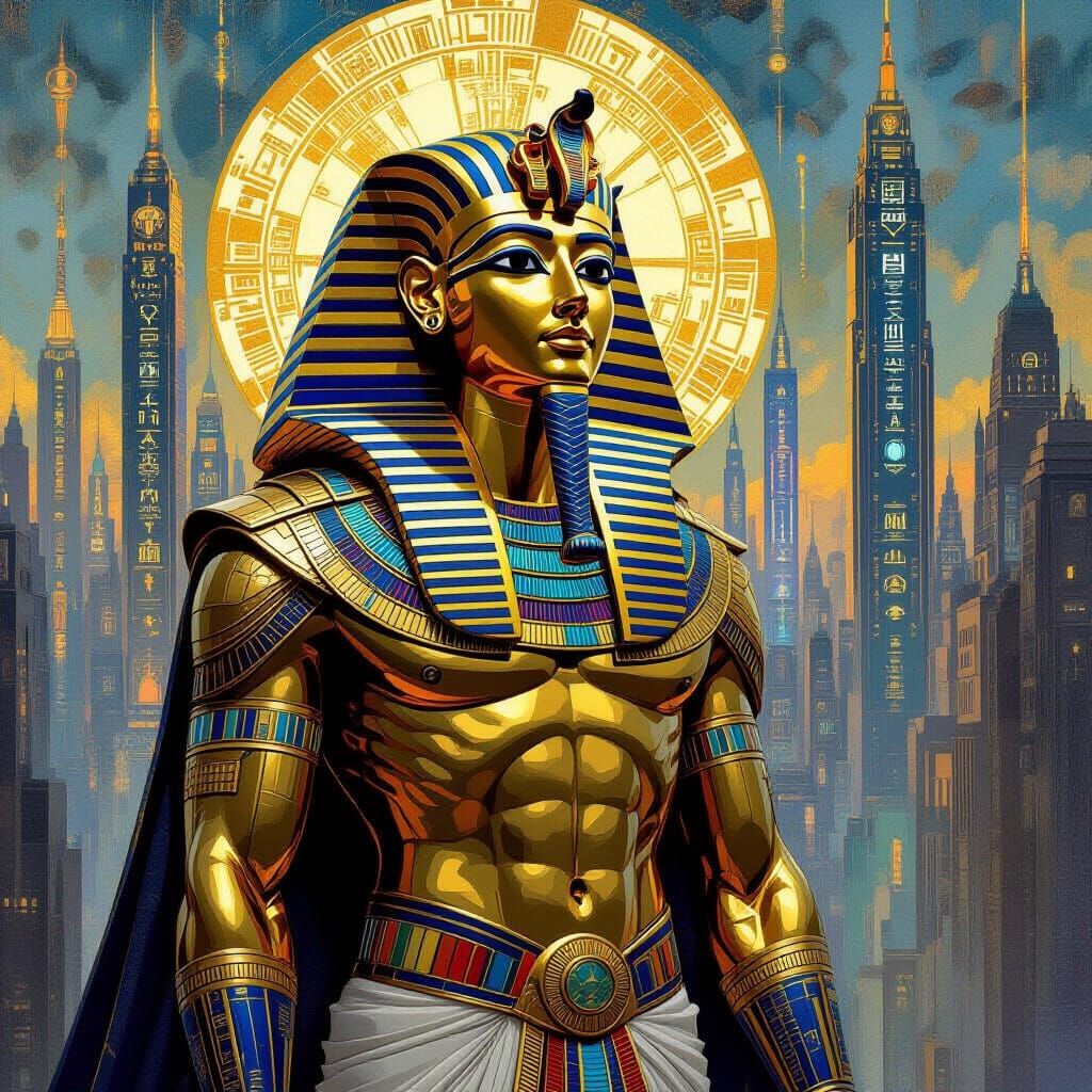 Egyptian God in Cyberpunk City, Art Nouveau Style