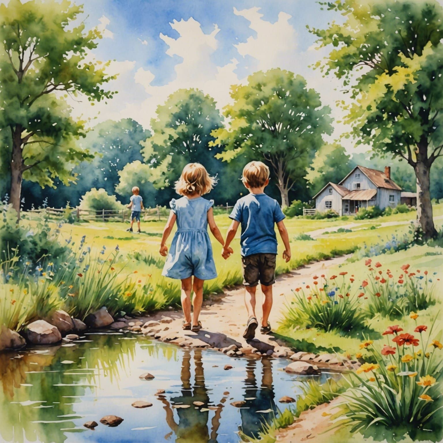 Children Playing in Summer Landscape, Watercolour Painting