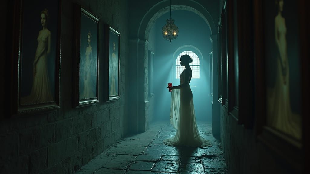 Foreboding Castle Corridor with Ethereal Noblewoman