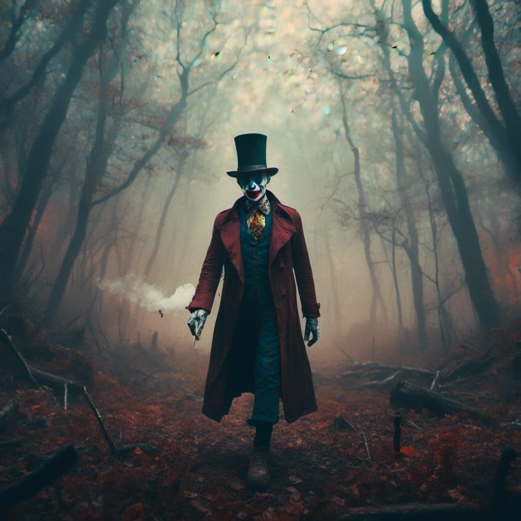 Vibrant Clown Strolls Through Foggy Forest