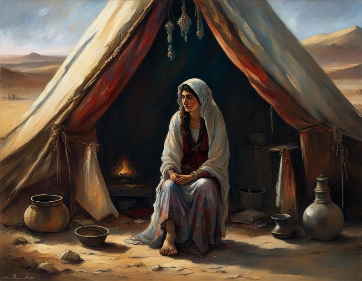 Jewish Woman Before Tent: Arthur Rackham Style