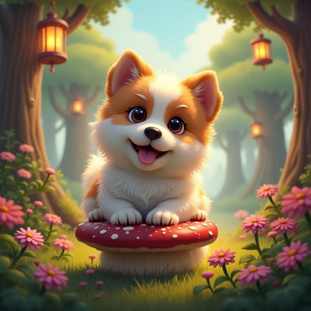 Adorable Mokie Dog in Dreamlike Fantasy Landscape