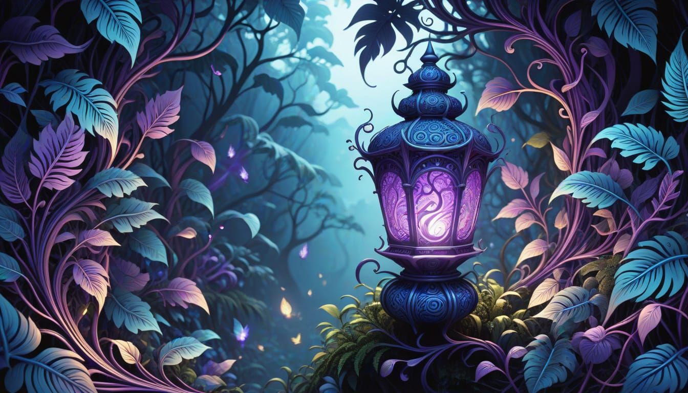 Mystic Lantern Guides Travelers Through Dark Jungle