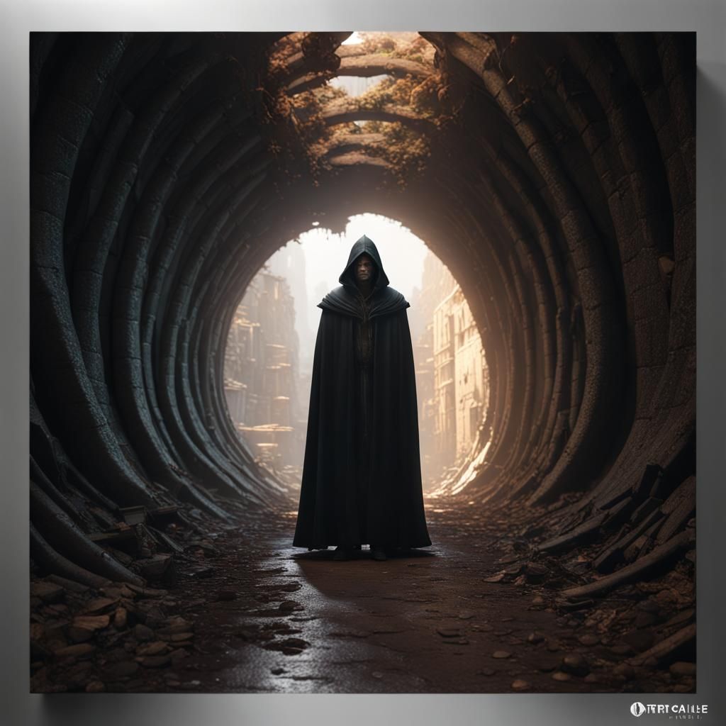 Giant Figure in Dark Tunnel: Fantasy Concept Art