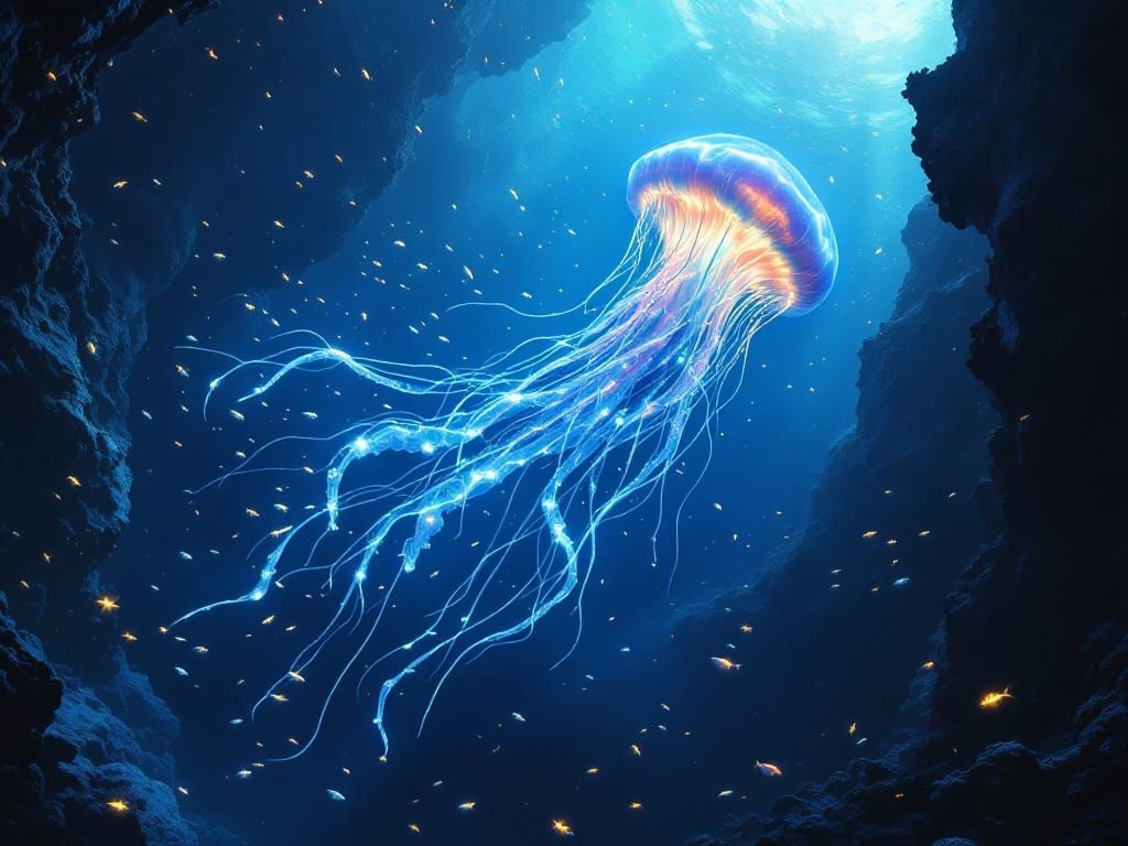 Colossal Bioluminescent Jellyfish in Underwater Canyon