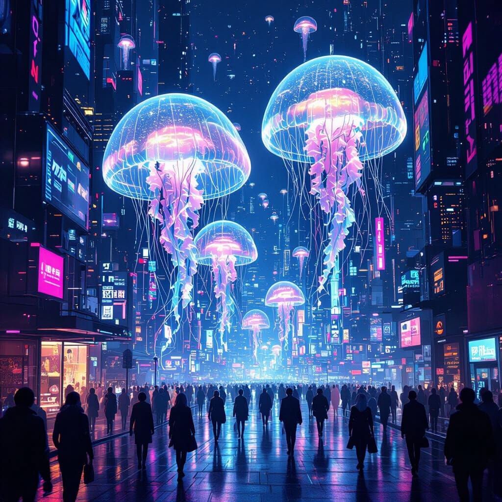 Bioluminescent Jellyfish in a Cyberpunk Cityscape