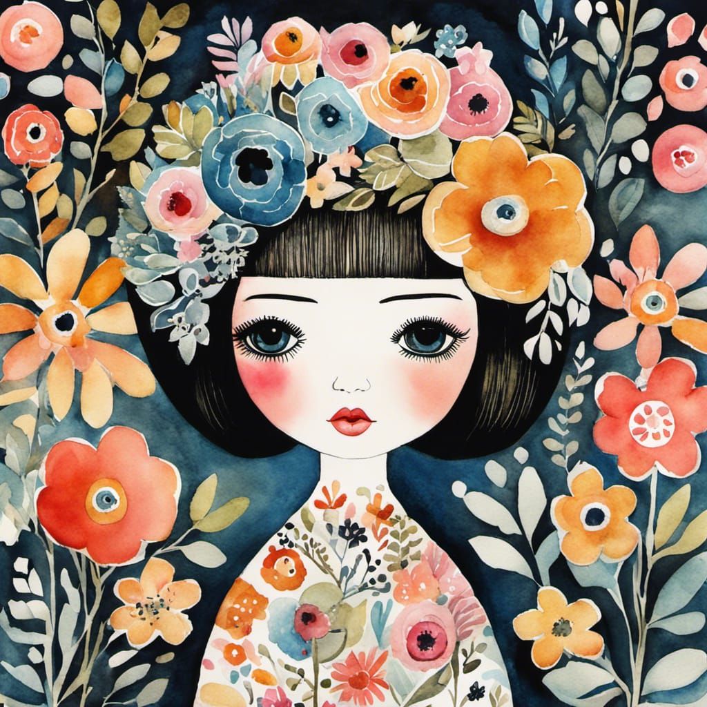 Floral Doll in Watercolor Art Brut Style