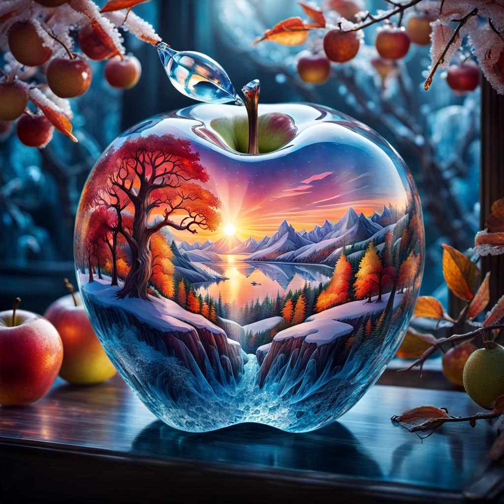 Crystal Apple in Frozen Fantasy World: Photorealistic Illust...