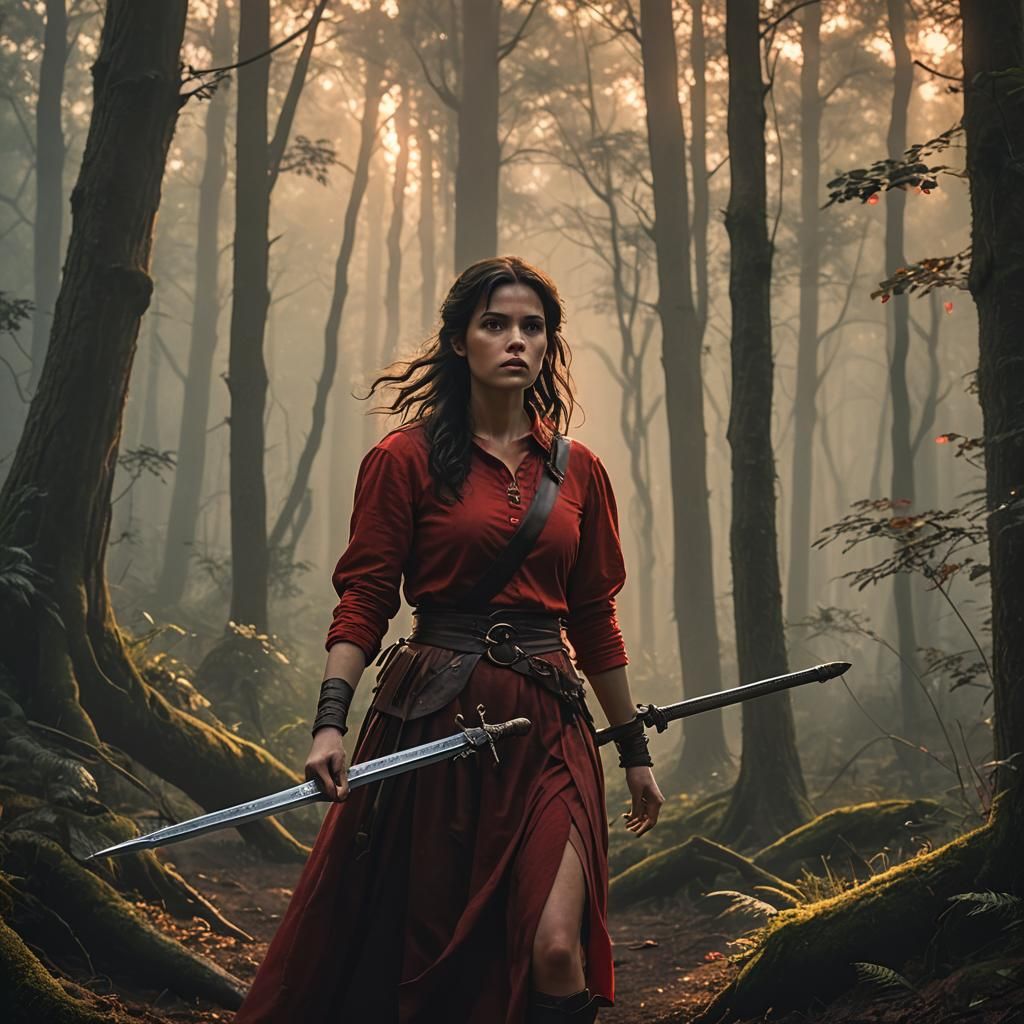 Girl with Sword in Misty Forest at Sunset