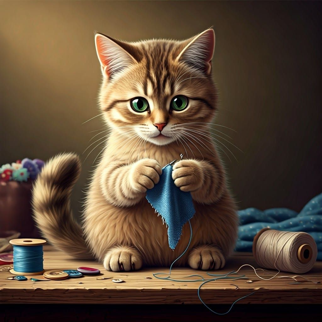 Cat Sewing: Whimsical Dreamlike Scene
