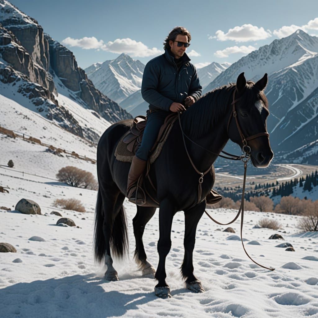 Man and Black Horse in Snowy Mountains 8K