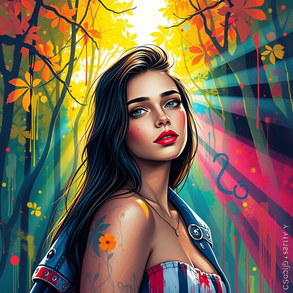 Gorgeous Young Woman in Vibrant Light Forest