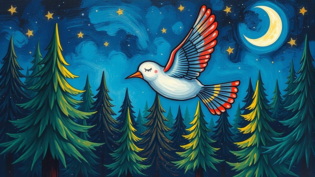 Sleepybye Bird in Starry Forest Night