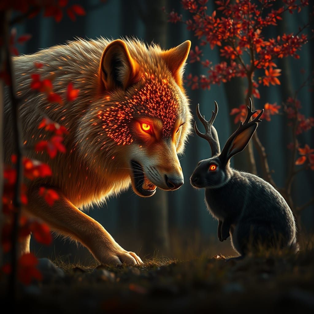 Regal Wolf and a Desperate Rabbit in an Epic Fantasy Scene