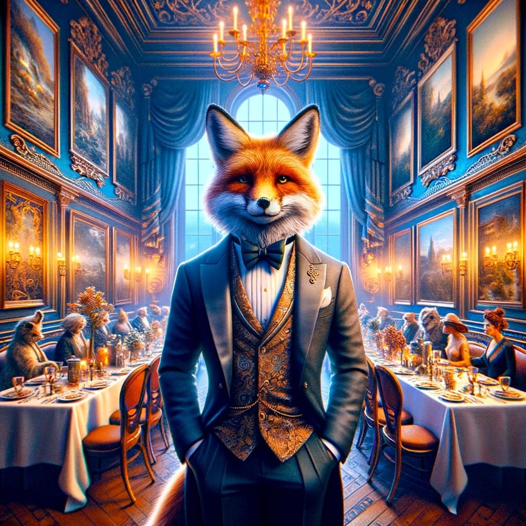Dapper Fox in Tuxedo at Opulent Dinner Party