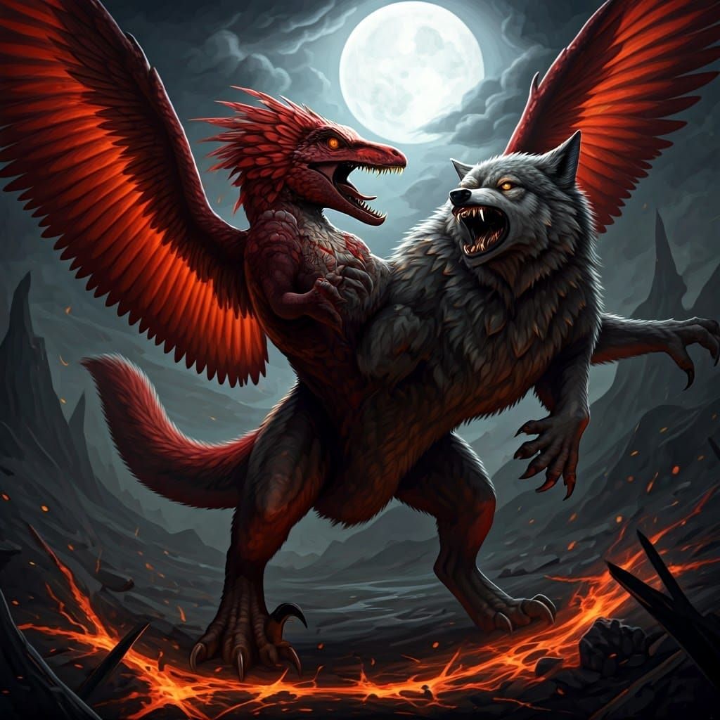 Red Velociraptor vs Werewolf in Hyperrealistic Battle