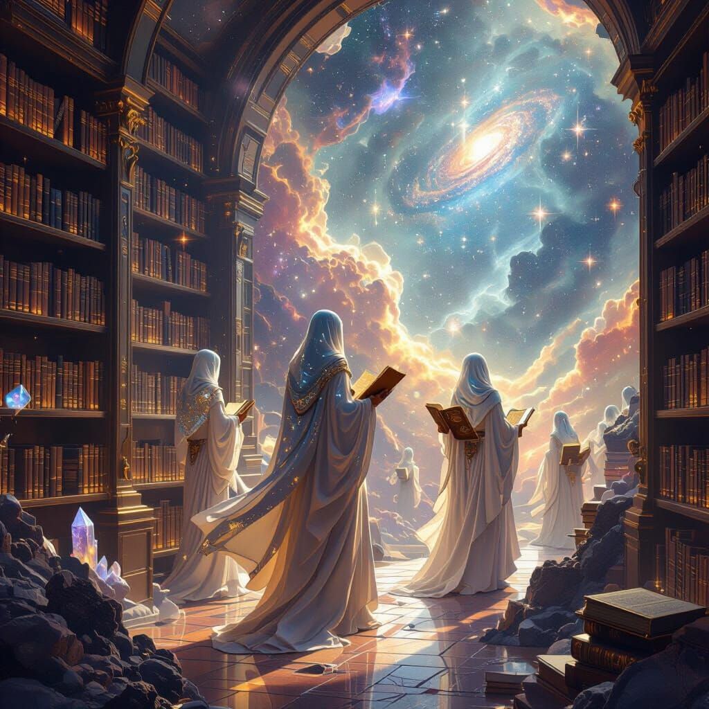 Celestial Library in Nebula, Mystical Fantasy Art