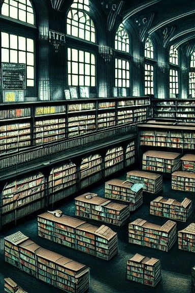 Old Men Explore Gigantic Library: Detailed Ink Painting