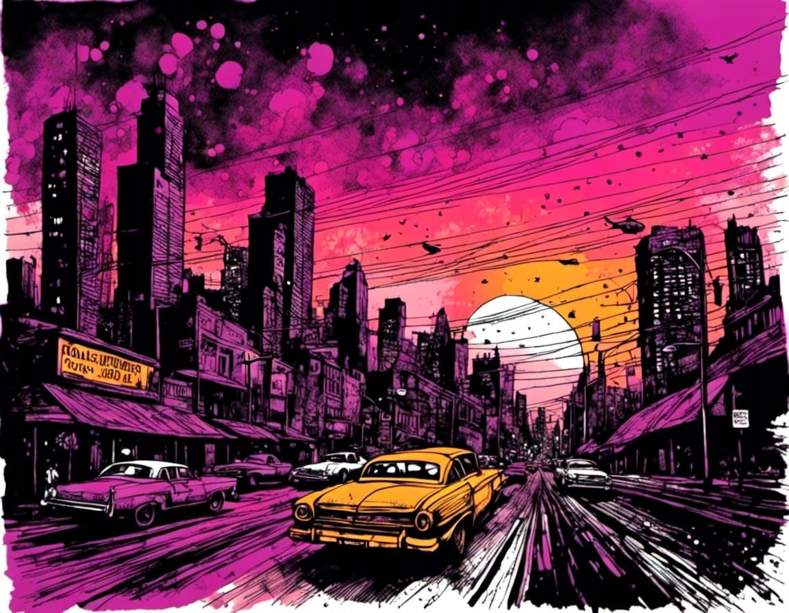 Zombie City Sunset: Surreal Sketch in Purple