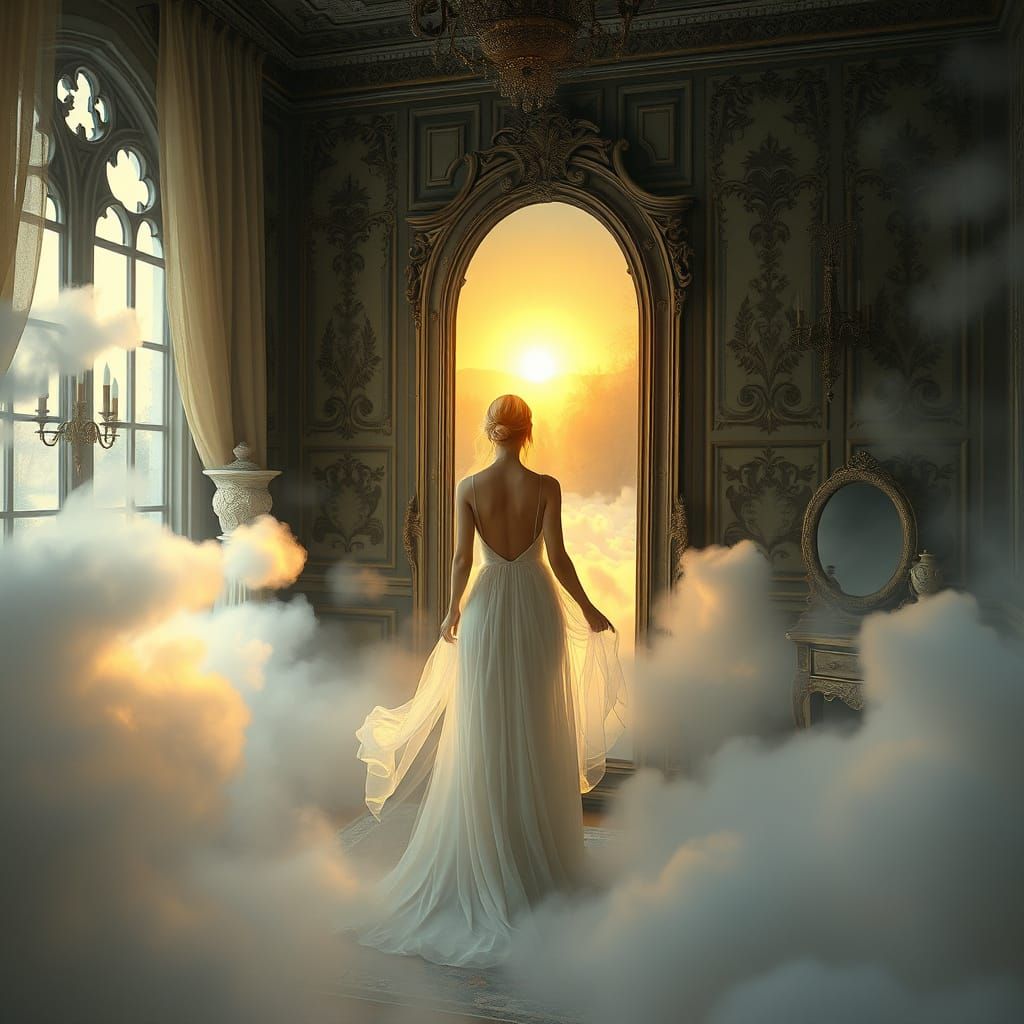Ethereal Woman in Mystical Room, Inspired by Thomas Kinkade