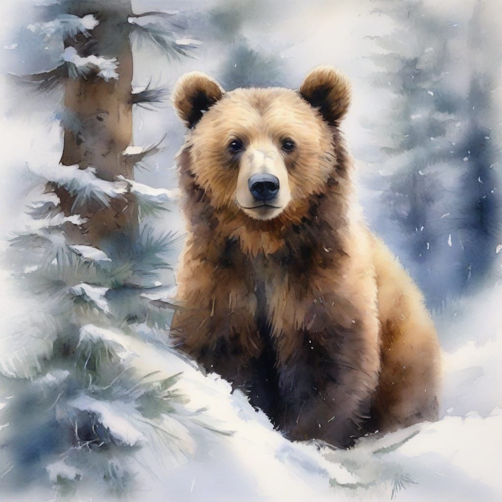 Adorable Bear Cub in Snowy Hollow, Watercolor Realism