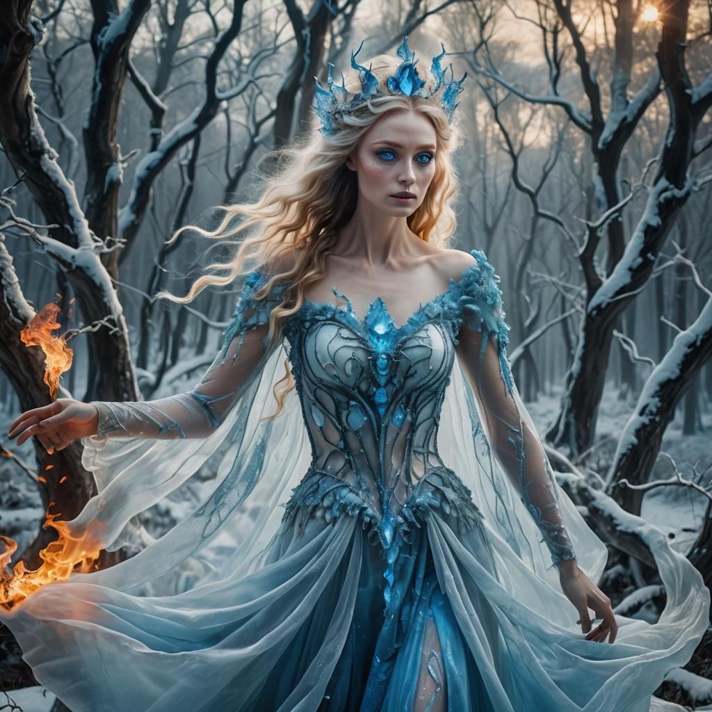Half-Fire, Half-Ice Lady in Mystical Forest