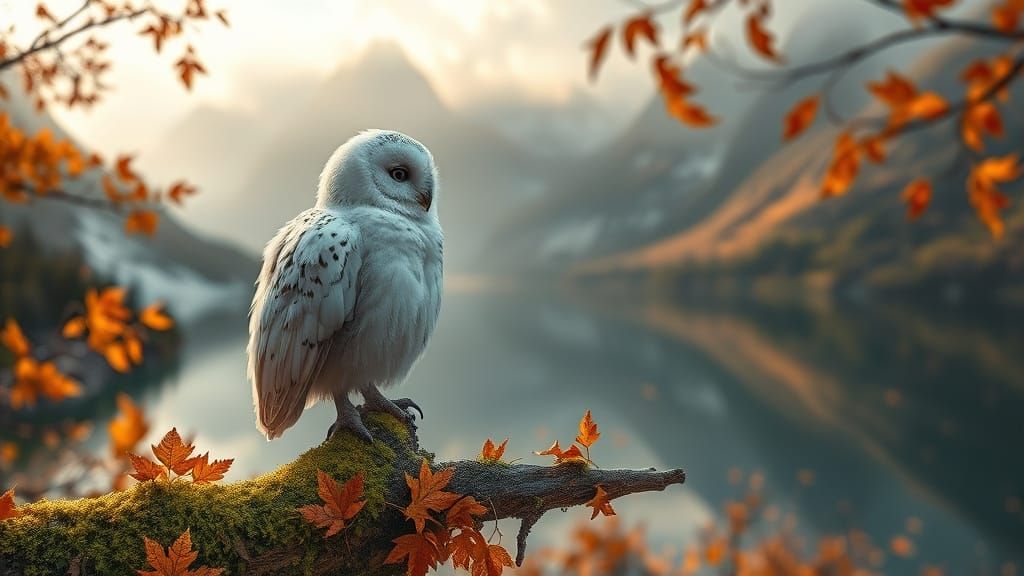 Photorealistic Owl Perched Over Autumn Mountain Lake