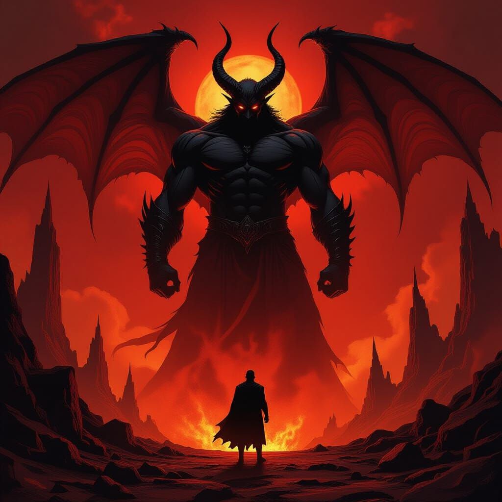 Satan's Contempt for Defiant Mortal in Fiery Landscape