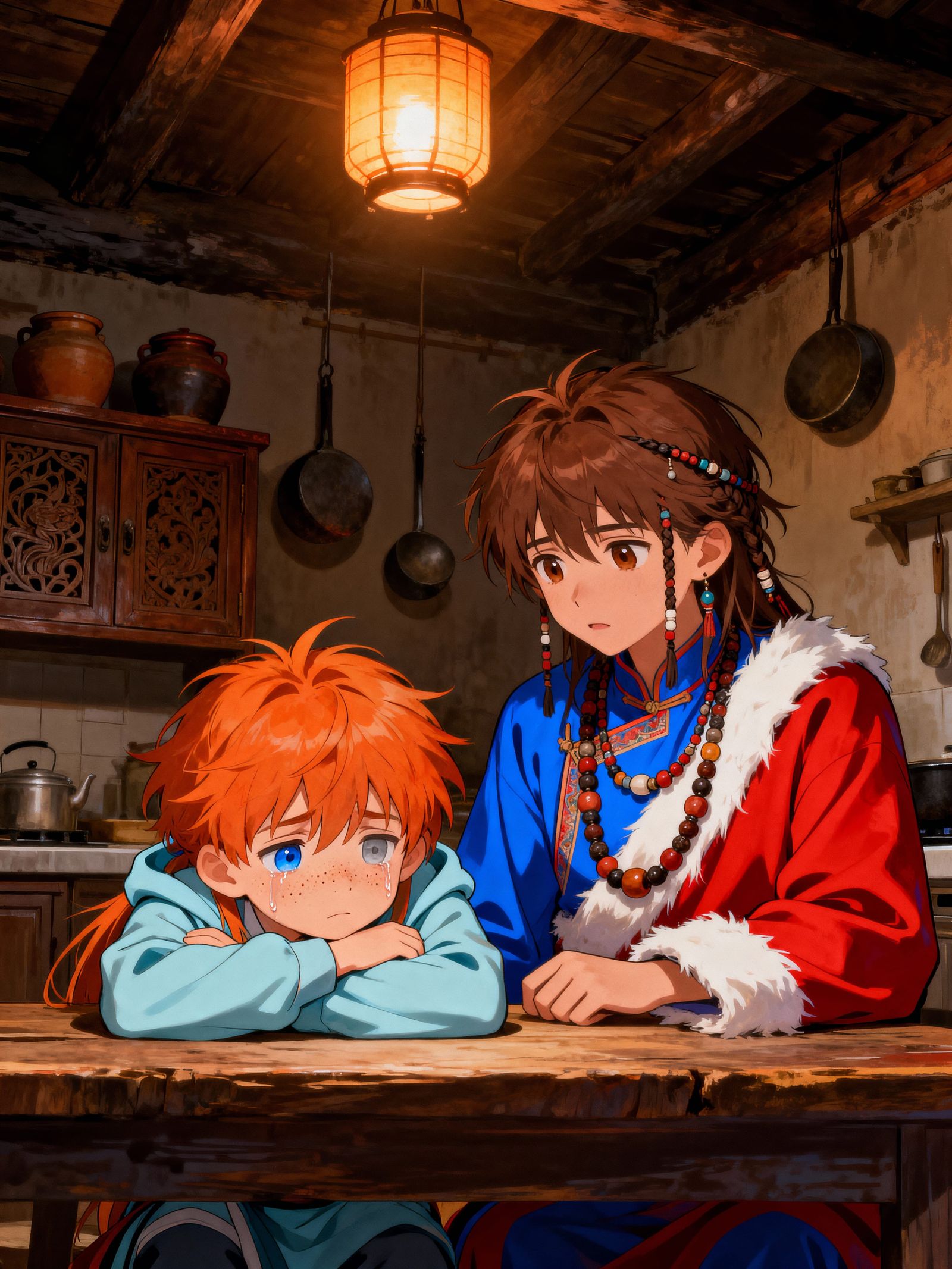 Sad Anime Child in Ancient Chinese Kitchen