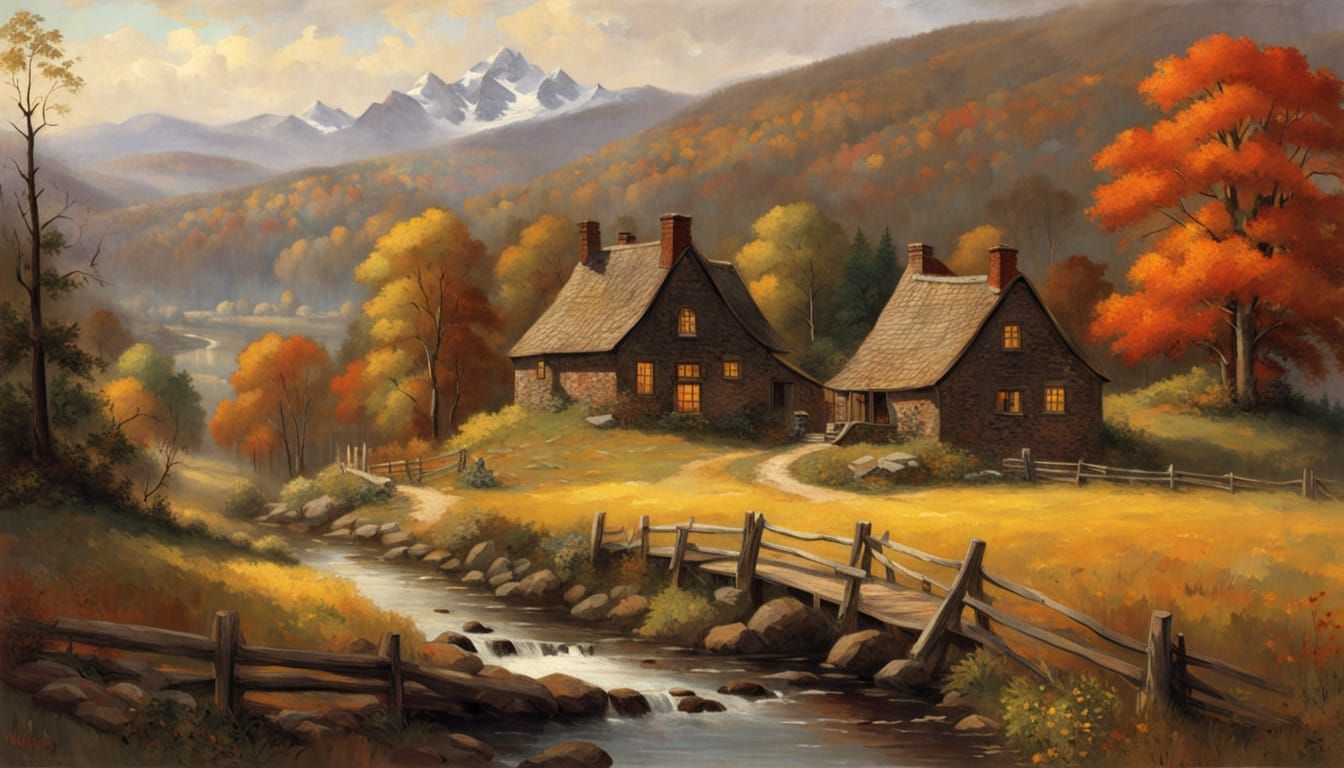 Whimsical Autumn Village Scene in Cozy, Dreamy Style