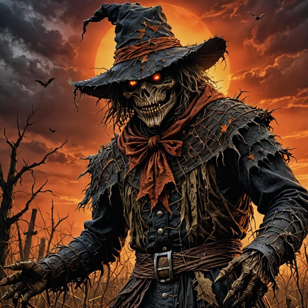 Menacing Scarecrow Demon in Eerie Pumpkin Field