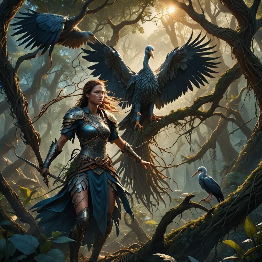 Warrior Attacks Giant Stork in Mystical Forest