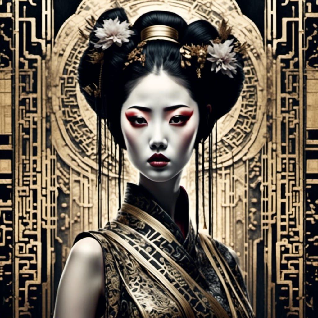 Geisha in Op Art Style with Gold Accents