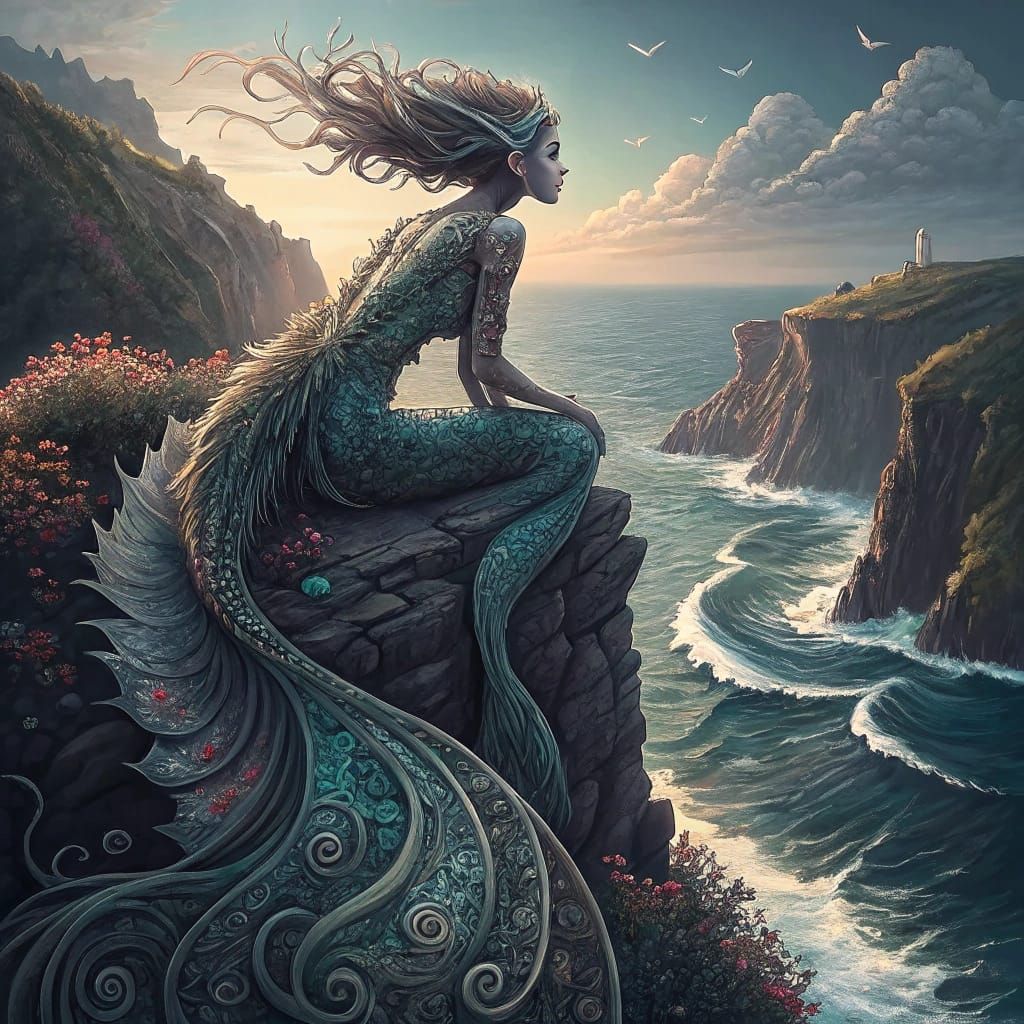 Mermaid on Cliff: Abstract Fractal Embroidery in Deep Colors
