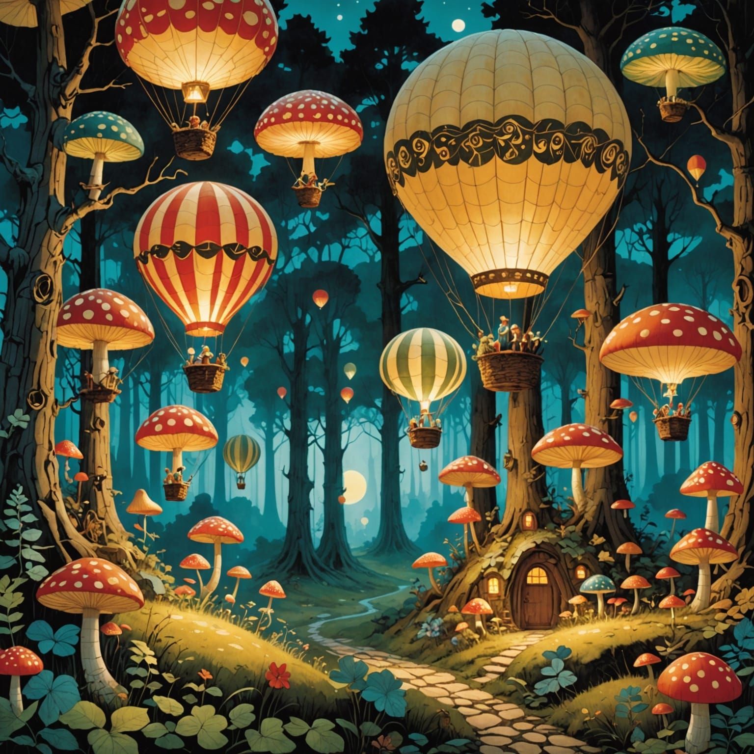 Whimsical Hot Air Balloons Soar Among Glowing Mushrooms in a...