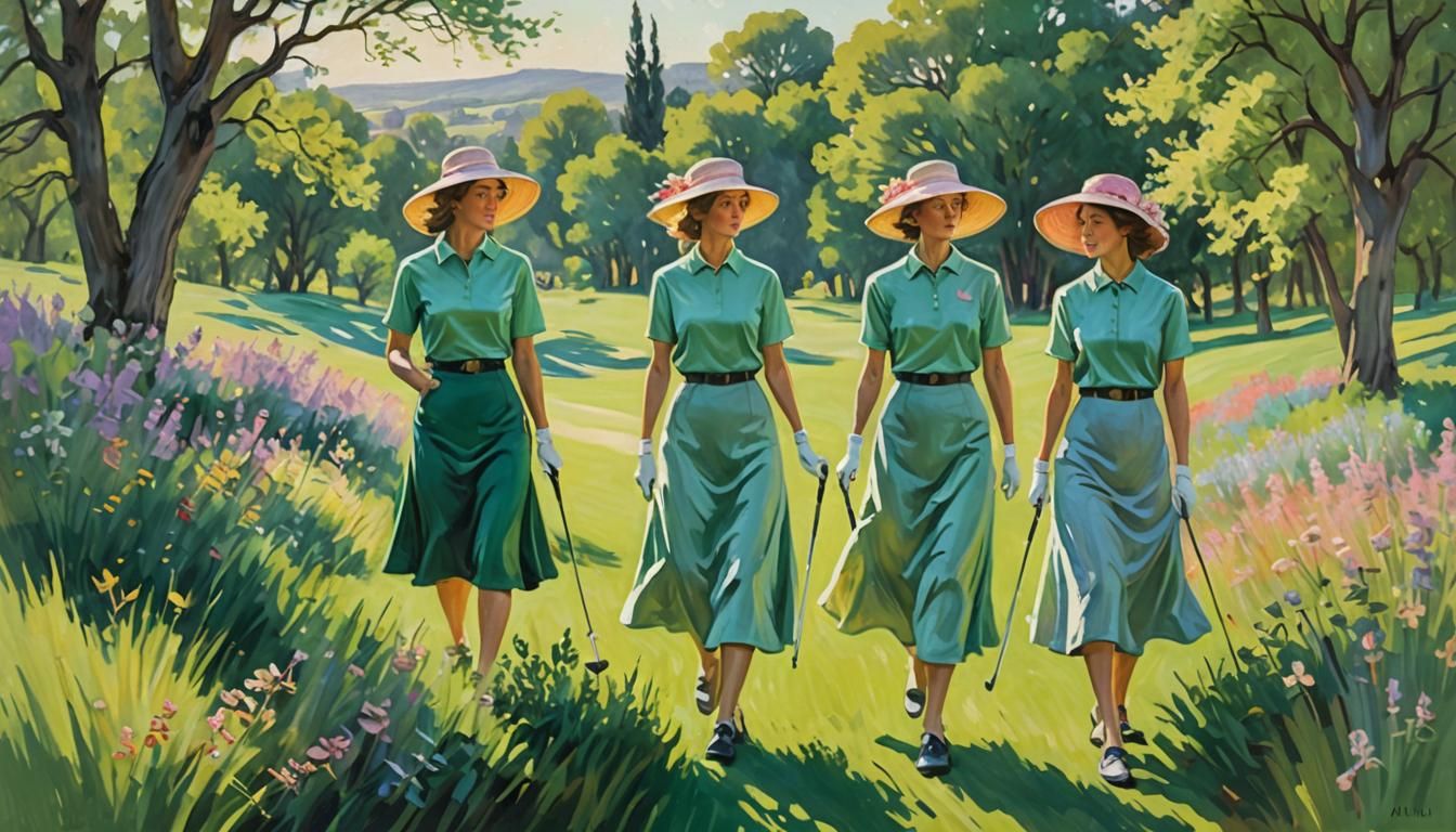Impressionist Golfers in Pastel Hues: An Oil Painting