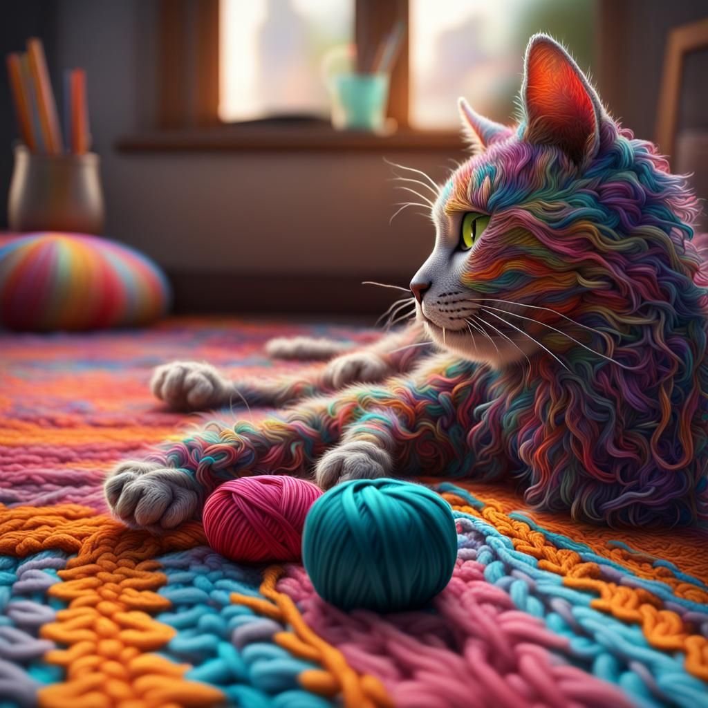 Vibrant Crochet Cat Plays with Yarn