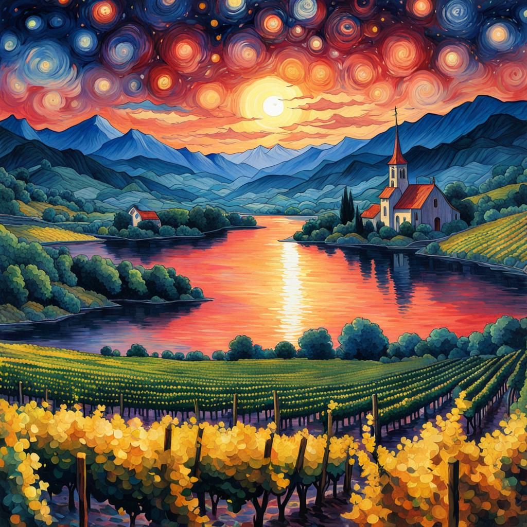 Vineyard Lake Scene in Whimsical Watercolor Style