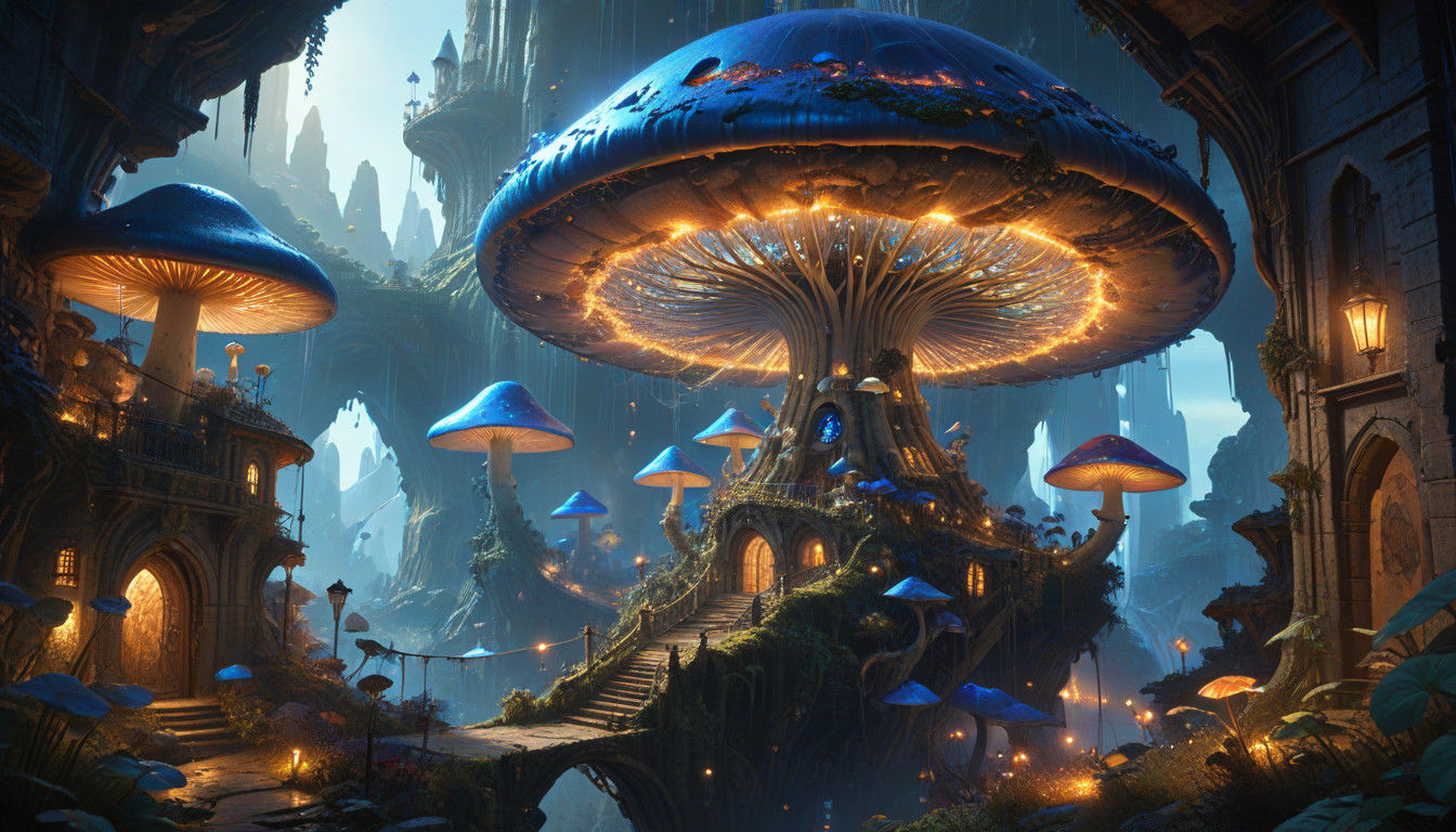 Giant Blue Mushroom Metropolis in Shimmering Nature Portal V...
