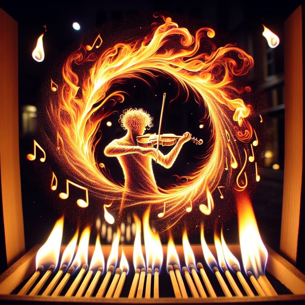 Fiery Figure Playing Violin in Vibrant Colors