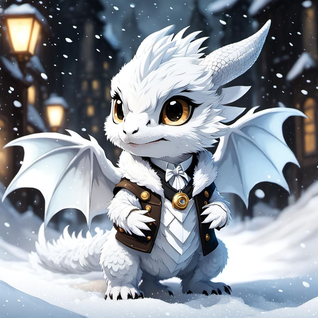 Detective Dragon Chibi Playing in Snow, Detailed Digital Art