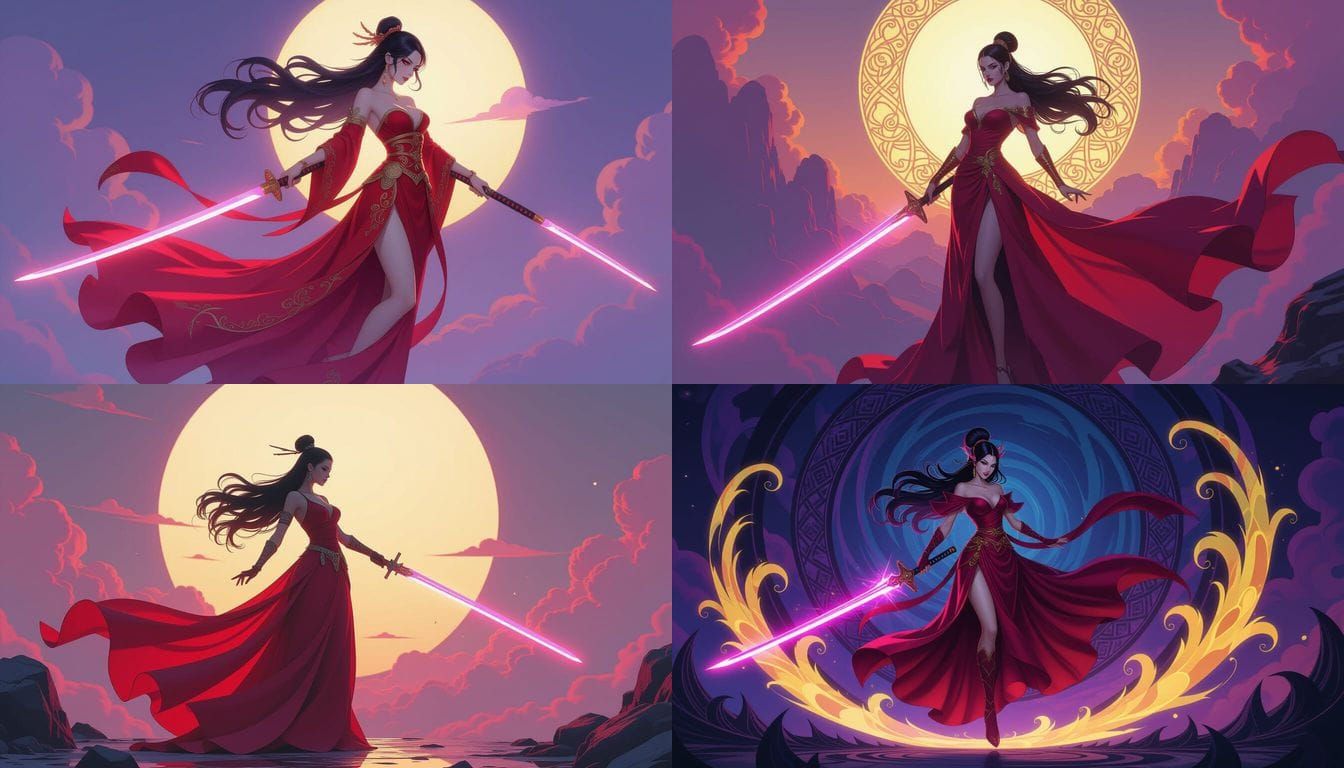 Futuristic Goddess Wields Laser Katana on Pastel Dreamscape