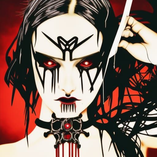 young lady with gothic make up beautifully done& long black hair& red eyes& spiked choker around her neck& Metalhead vib...