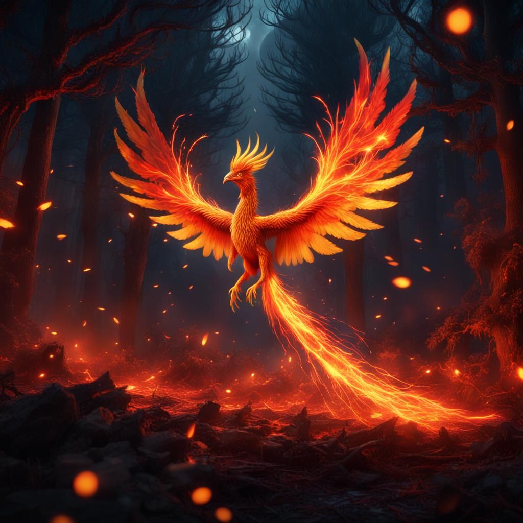 Fiery Phoenix Rising in Burning Forest